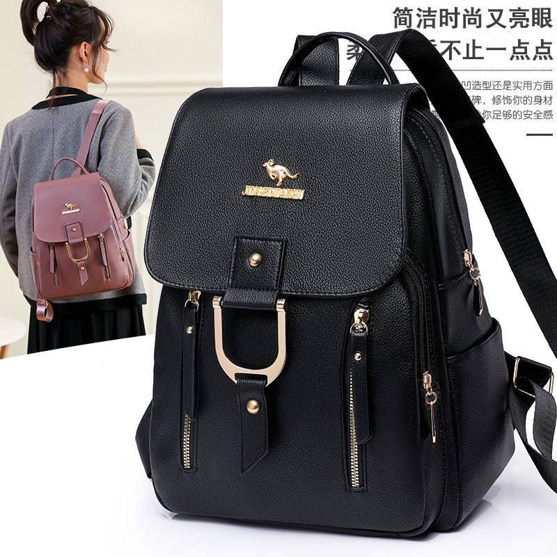 Tas Ransel Kulit Lembut Kangguru Ransel Wanita Berlapis Ritsleting Tas Ransel Santai Tas Travel Kapa