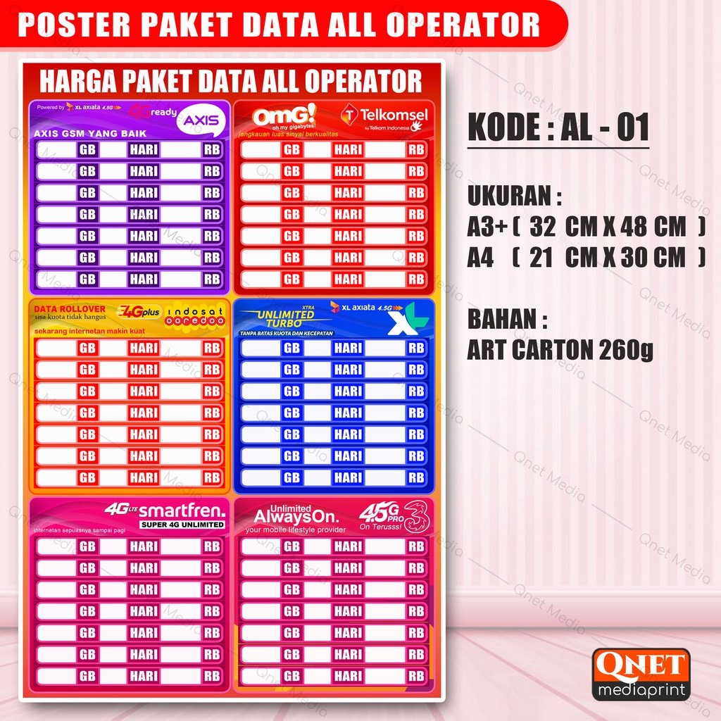 

POSTER PAKET DATA ALL OPERATOR + LAMINASI GLOSSY ,-