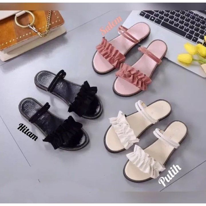 Wedges Wanita Terbaru SANDAL FLAT WANITA KOKOP KERUT TALI BELAKANG SELARAS