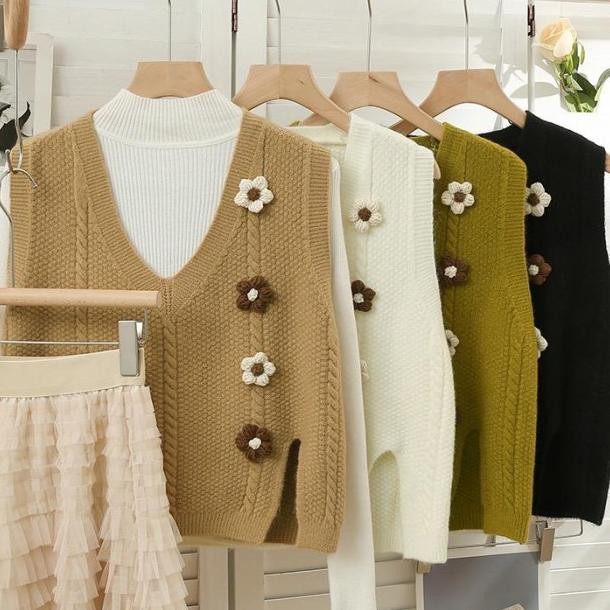 Atasan Rajut Wanita (Flower Rompi Vest Rajut Rompi Bunga Kaos