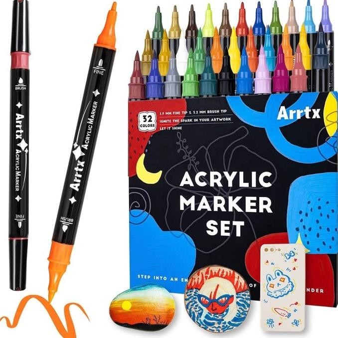 

T E R B A R U Berkualitas Arrtx Dual Brush & Extra-Fine Tip Acrylic Marker Set 32 Color Spidol