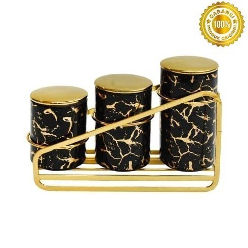 1SET 3 STOPLES KEDAP UDARA WADAH GULA KOPI TEH DG RAK HITAM PREMIUM ORIGINAL 2210T