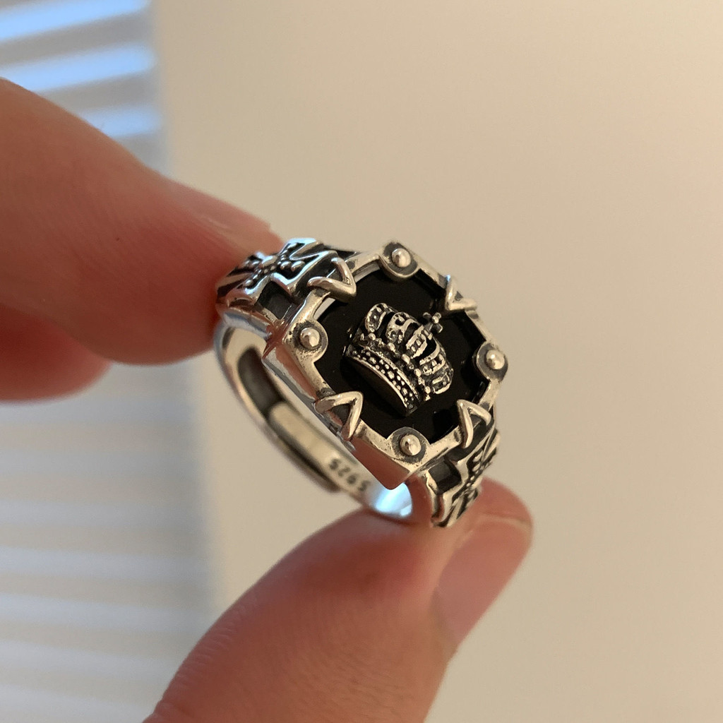 Asli S925Sterling Silver Mahkota Batu Akik Hitam, Cincin Terbuka Kepribadian Retro Wanita 9FOX