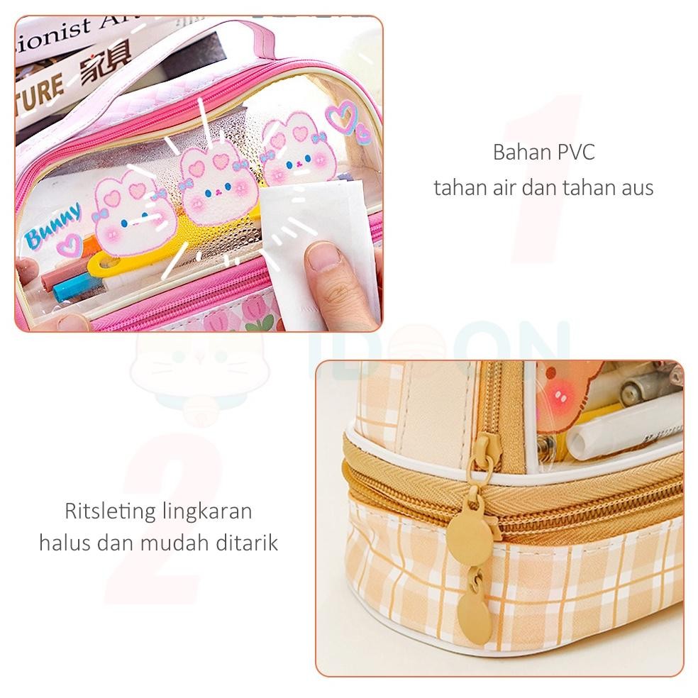 

LNB-1217 IDOON Pencil Case Transparan Korea Tempat Pensil Besar Dua Lapis Kotak Pensil Tempat Pola Hewan Lucu Viral