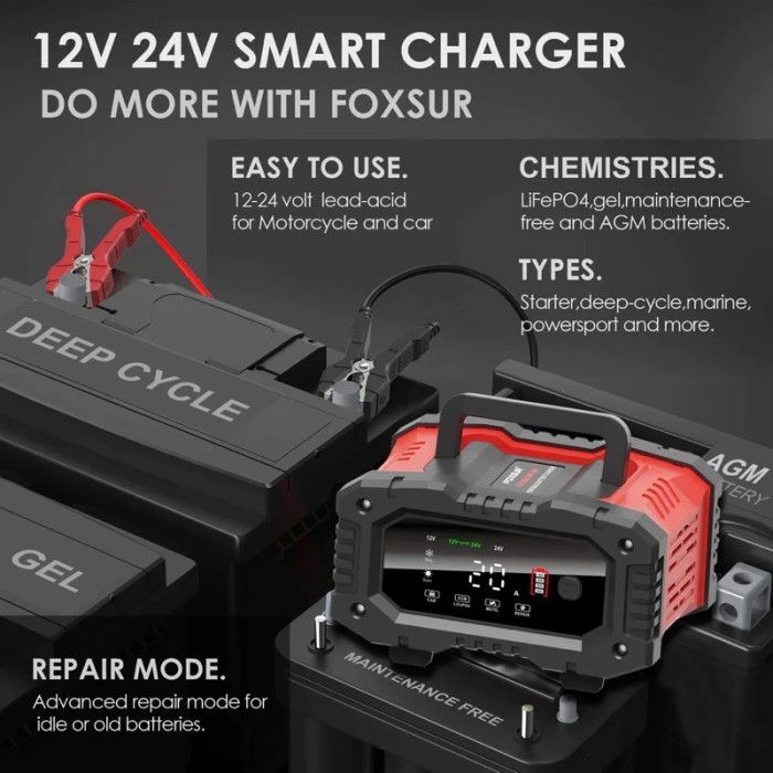 Foxsur 20A Charger Aki Mobil Motor Truk 12V 20A -24V 10A Smart Charger Promo