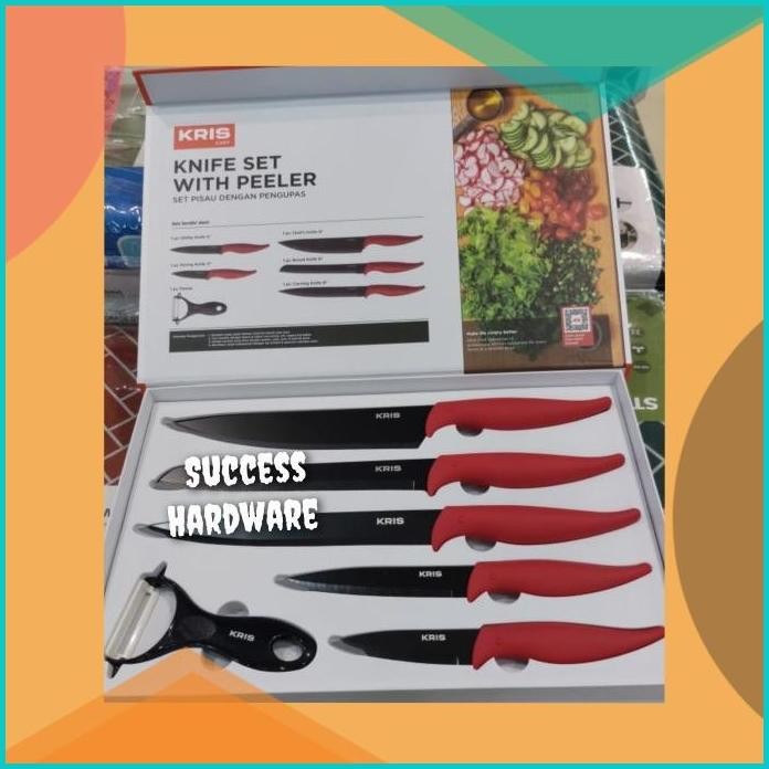 KRIS SET 6 PCS PISAU & ALAT PENGUPAS - MERAH/KNIFE AND PEELER RED SET