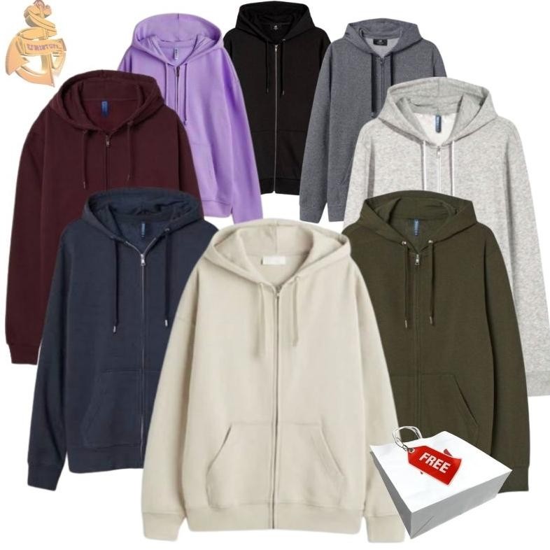 Hoodie Zipper Polos Basic HM Hitam Army Maroon Grey Navy Brown Hnm Jaket Pria Wanita Free Paper Bag