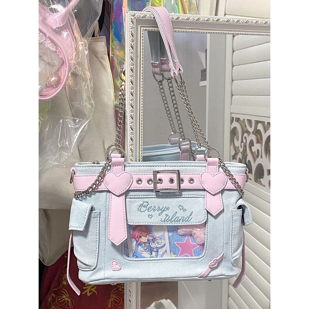 Y2.Morgan-Tas Denim Crossbody Rantai Serbaguna Tas Bahu Kasual Baru Wanita Warna Pink Muda Biru Gaya