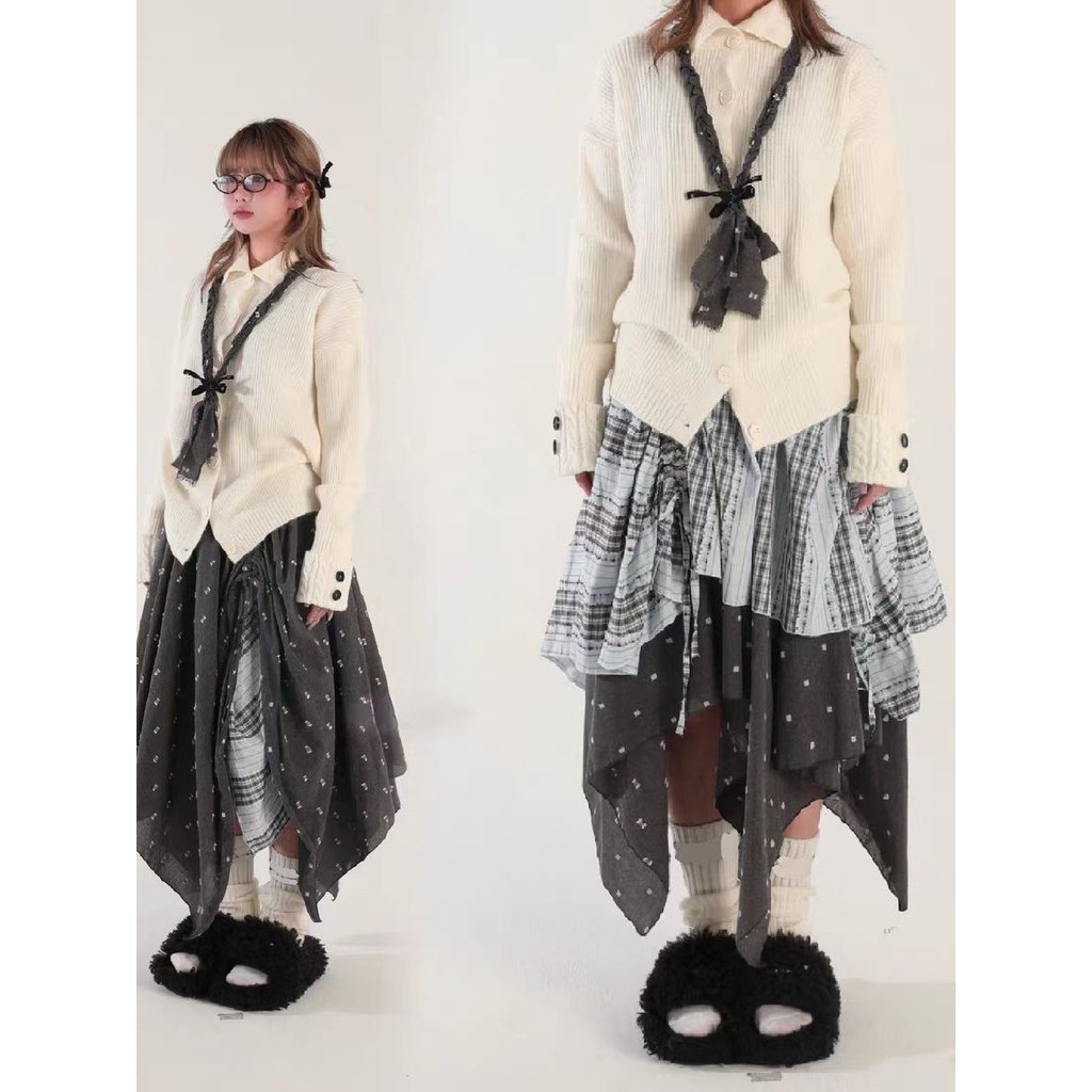 [Crunchy brulee]Rok serut kotak-kotak polkadot abu-abu dua sisi dengan rok pinggang tinggi berlapis