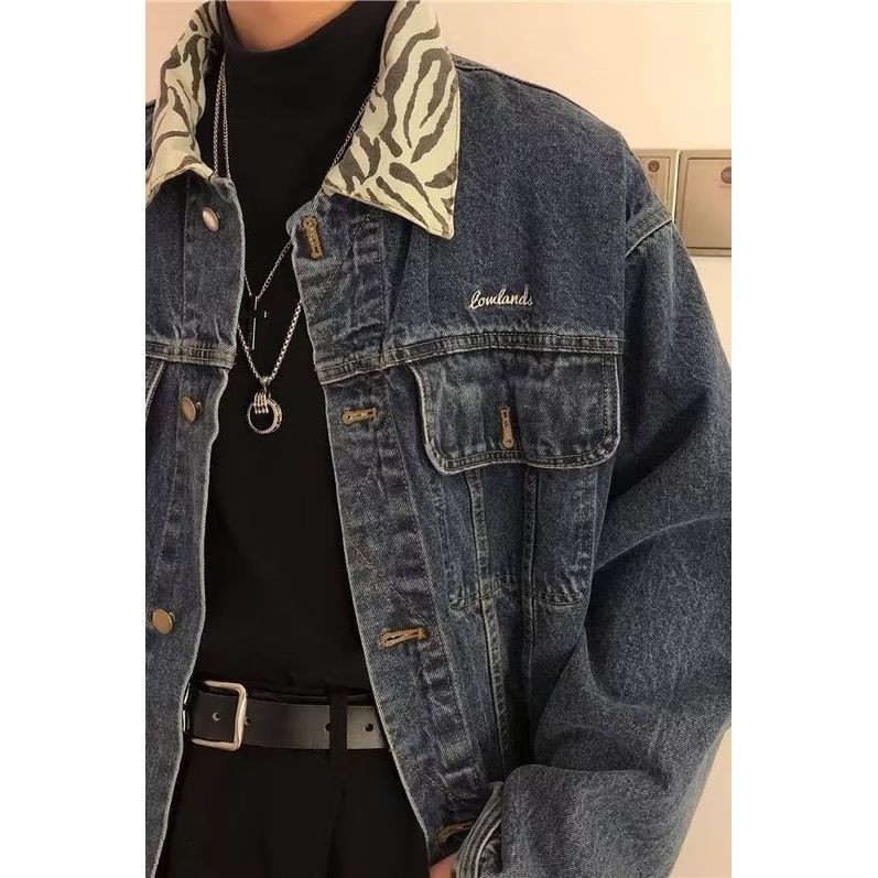 Jaket Denim Vintage Motif Macan Tutul Pria, Pakaian Denim Gaun Pendek Longgar