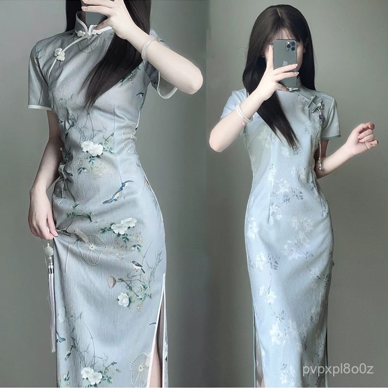 Gaun Cheongsam Kecil Wanita, Gaya Cina Gaun Panjang Setengah