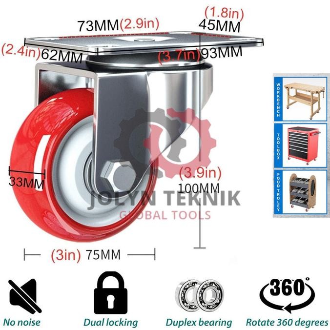 Diskon Set 4 Pcs Roda Troly Castor Pu Merah Heavy Duty Bearing  3 Inch Best 2024