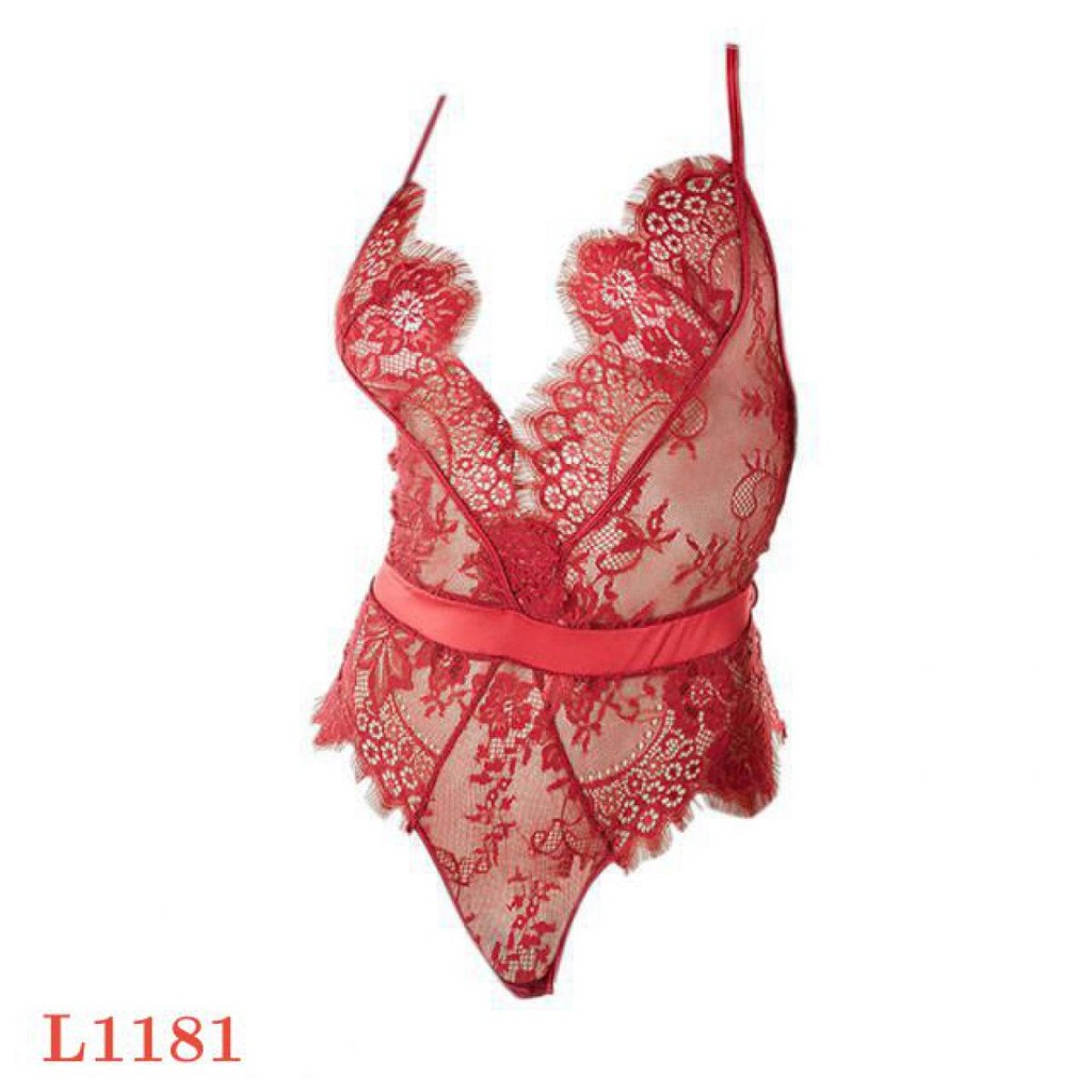 Baju Tidur Lingerie Teddy Bodysuit Dress Tali Silang Merah Transparan Belahan Dada Rendah