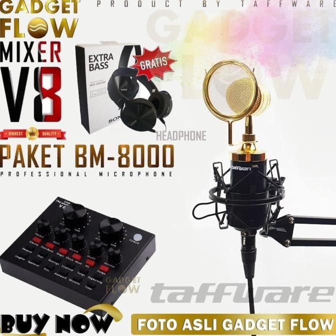 PAKET KOMPLIT MIC BM8000 STAND Microphone BM 8000 SOUNDCARD MIXER V8