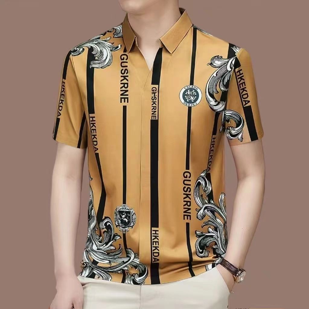 Lengan Pendek Pria European Station T T-shirt Kerah Polo Baru Bergaris Bisnis Kasual POLO Kemeja