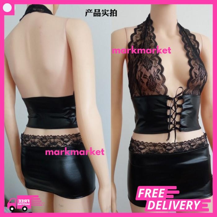 LINGEIRE SEKSI KULIT PU RENDA TRANSPARAN GAUN CLUB MALAM HOT LINGERE KUALITAS TERBAIK