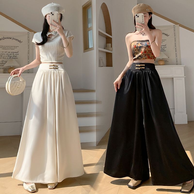 Women's Buckle Ice Silk Wide-Leg Pants Pants Drape Casual Culottes