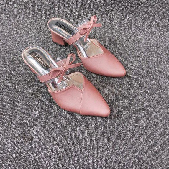 sandal selop wanita terbaru model tali pita. sol karet. hak tahu 5cm