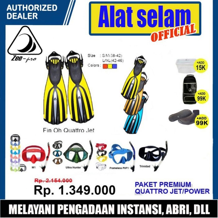 ORI Paket Combo Set Diving Zeepro Quattro Jet Open Heel Snorkel Mask Fin READY STOK