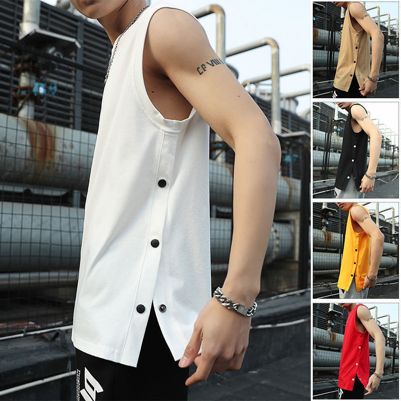 Rompi Pria Katun T Kaus Longgar Cepat Kering, Kaus Musim Panas Longgar Dua Baris, Tanpa Lengan Cepat