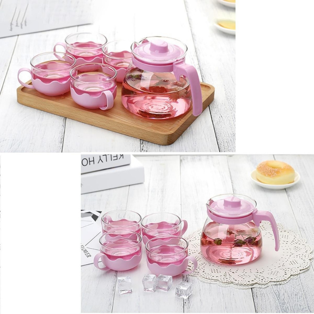 Yvette - Teko Set isi 5 - Teko Kaca Mini - Tea Pot Set Kaca 5 in 1 -Warna Random