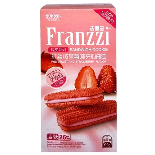 

S14773 SANDWICH FRANZZI RED VELVET AND STRAWBERRY COOKIE 92GR BOX MAJU BERSAMA (20241229)