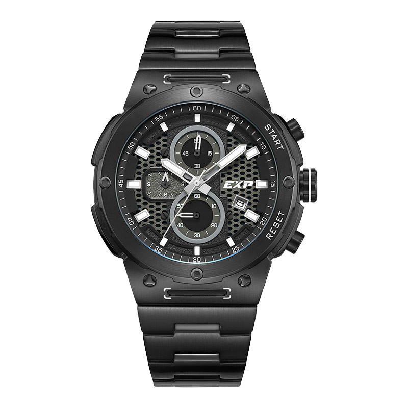 Jam Tangan Pria Expedition Chronograph E 6837 MC BIGBA Men Black Dial Black Stainless Steel Strap