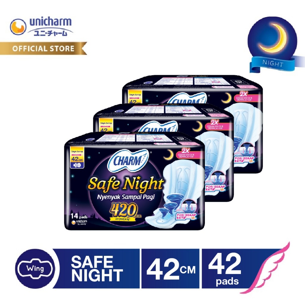 Charm Pembalut Safe Night 42cm Gather 14 pads - 3 packs