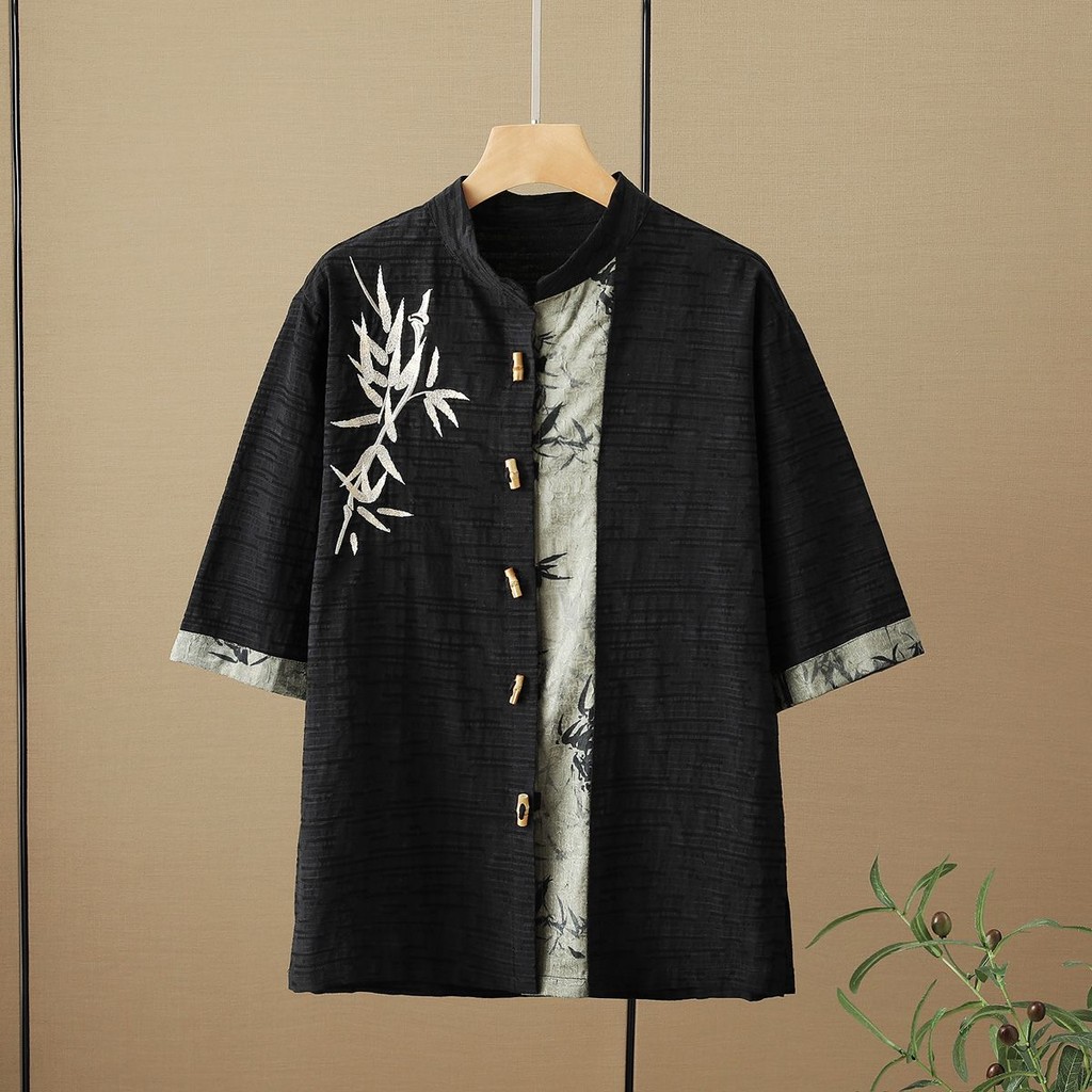 Setelan Baju Katun dan Linen Pria, Baju Setelan Tipis Gaya China Kasual, Baju Lengan Pendek, Warna C