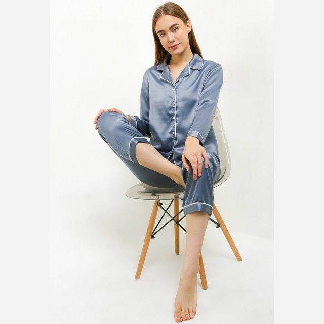 Anne Wintours Pyjama Pijama Satin Silk Long Sleeve Long Pants Sleepwear Wanita