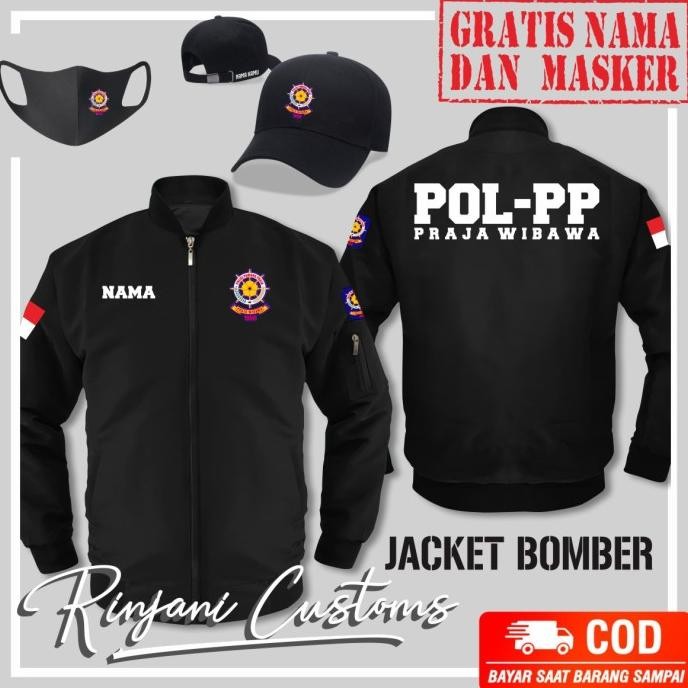 JAKET BOMBER SATPOL PP ANTI AIR GRATIS NAMA DAN MASKER POL PP PRAJA