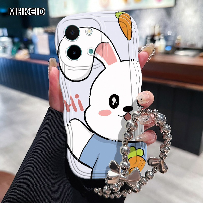 MHKEID Casing Hp Untuk VIVO Y28 2024 Case HP Casing pola kucing dan kelinci Kasing Cesing gelang Kes