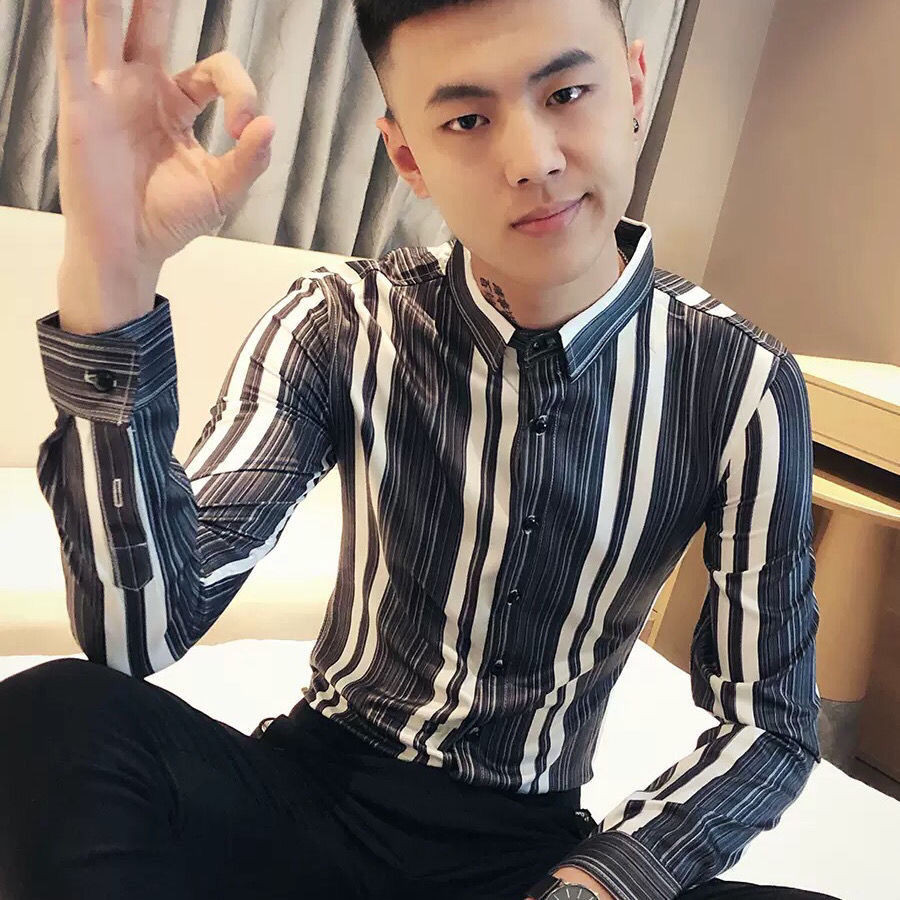 Kemeja Bergaris Pria, Baju Gaya Korea Lengan Panjang Trendi