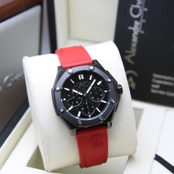 JAM TANGAN WANITA AC9601 AC 9601 BLACK RED RUBBER STRAP ORIGINAL