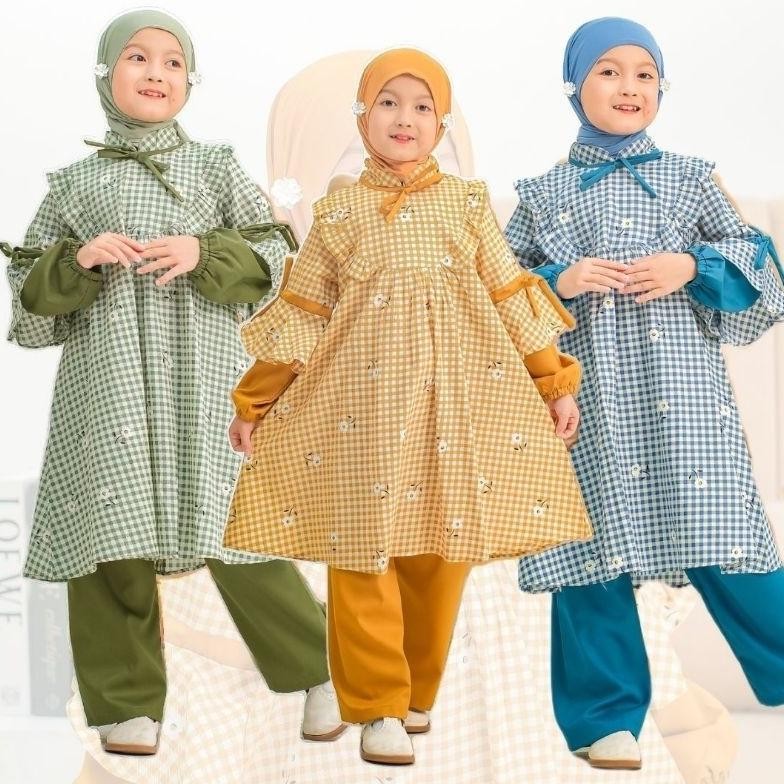 Oneset Anak Motif Kotak-Kotak | Setelan Anak Series Alesha by Umma.daily | Set Tunik Anak Perempuan 