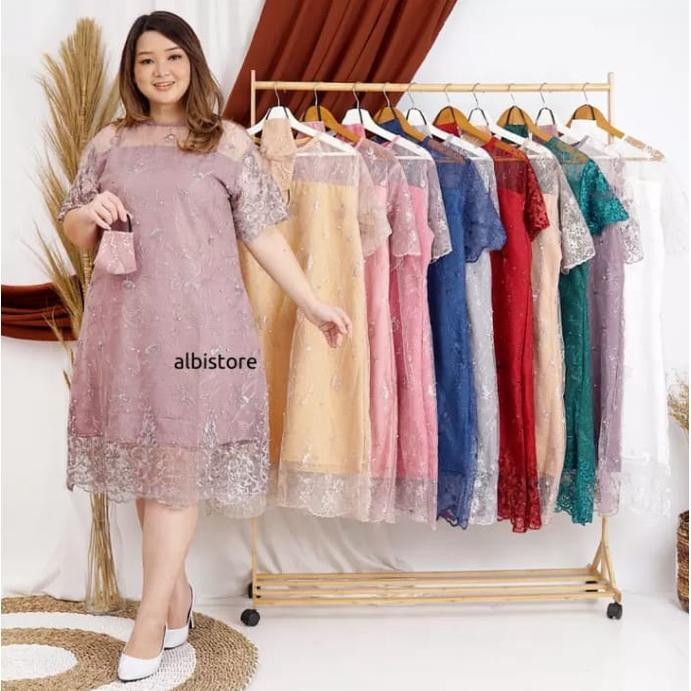 WTYU TERMURAH BLOUSE DRESS BROKAT LENGAN PENDEK JUMBO XL,XXL LD115-125cm MODEL KEKINIAN TERBARU NATA