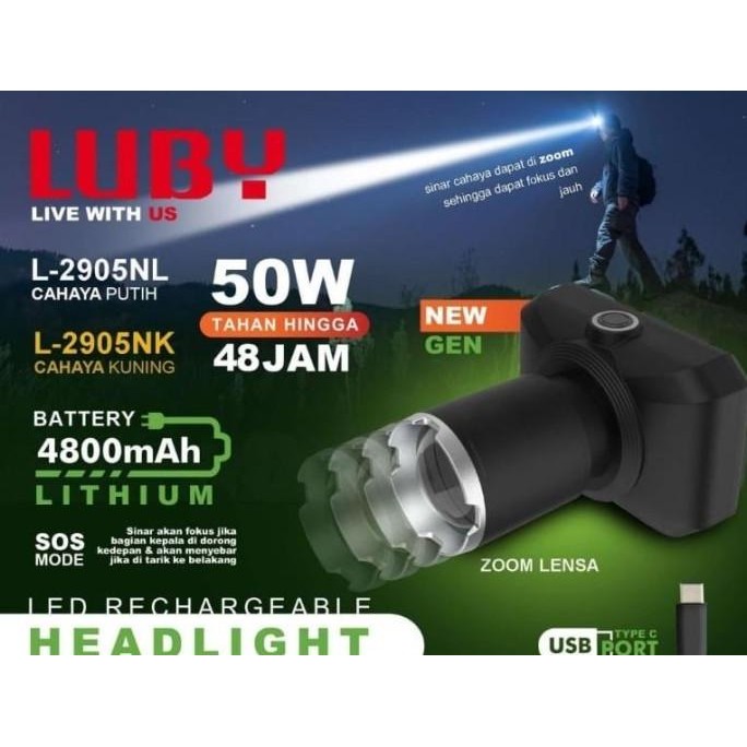 

TERSEDIA HEADLAMP LUBY LED L2905 SENTER KEPALA ZOOM 50W 50 WATT CAS ULANG L-2905