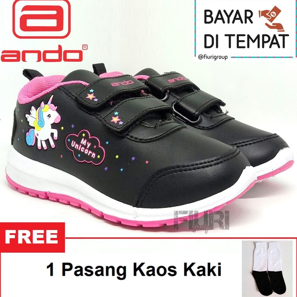 Sepatu Sekolah Anak Perempuan Fiuri - Ando - Minicorn Perekat 25-32 Hitam Pink - Sneakers Kanvas Sol