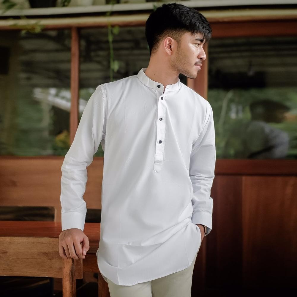 Kemeja Kurta Pakistan Pria Lengan Panjang Putih Polos
