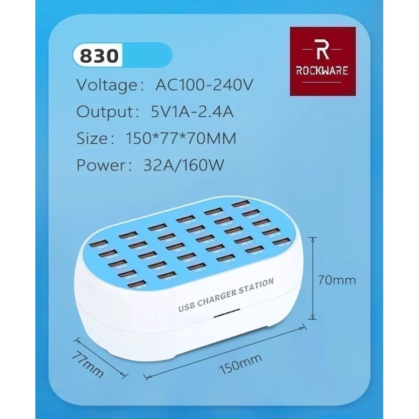 ROCKWARE 830 - 30-Port USB Wall Smart Charging Station 160W MAX