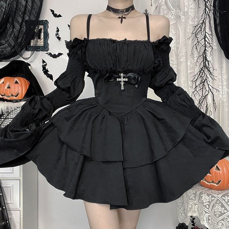 CF24356Puff Sleeve Long Sleeve Lolita Blouse Dark Style Temperament Cross Light Lolita Women's Dre00