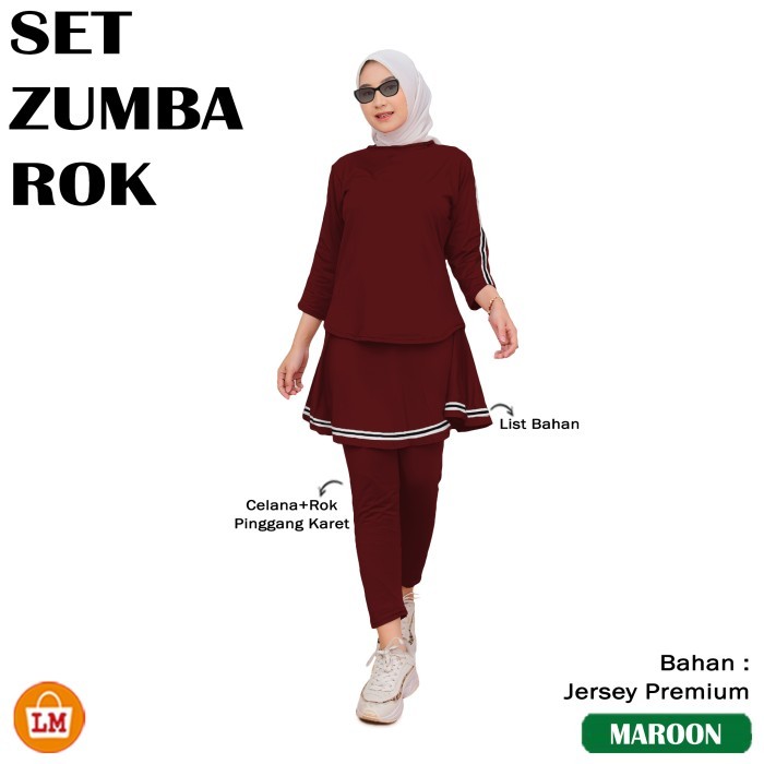 ORIGINAL SET ZUMBA ROK Setelan Baju Skirt Olahraga Wanita Muslimah Lengan Panjang Bahan Jersey Size