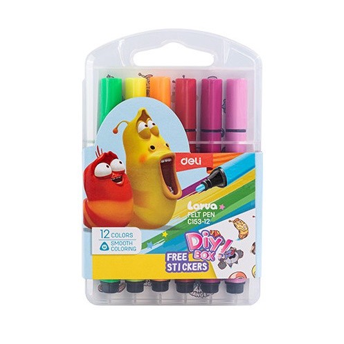

Deli EC153-12 Larva Felt Pen / Spidol Warna 12 Warna Mudah Dicuci Warna Cerah dan Tebal