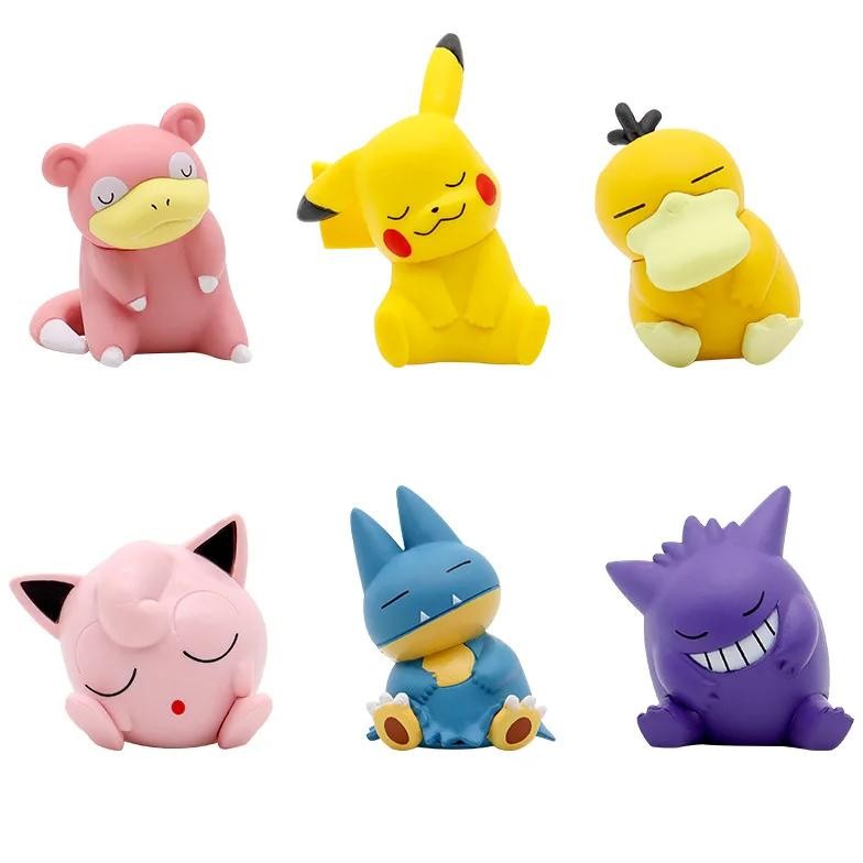 6pcs/set pokemon pikachu gengar jigglypuff slowpoke gonbe psyduck sleep version model figure pvc toy