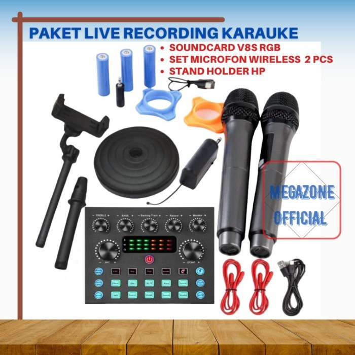 Terlaris Paket Soundcard V8S V8 Plus Mic Microphone Wireless Karaoke Live Audio