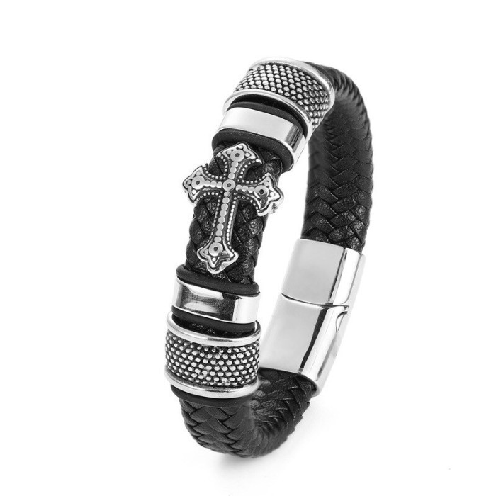 Azzatun - Gelang Salib Kulit Magnet Gelang Salib Titanium Pria Elegan Keren