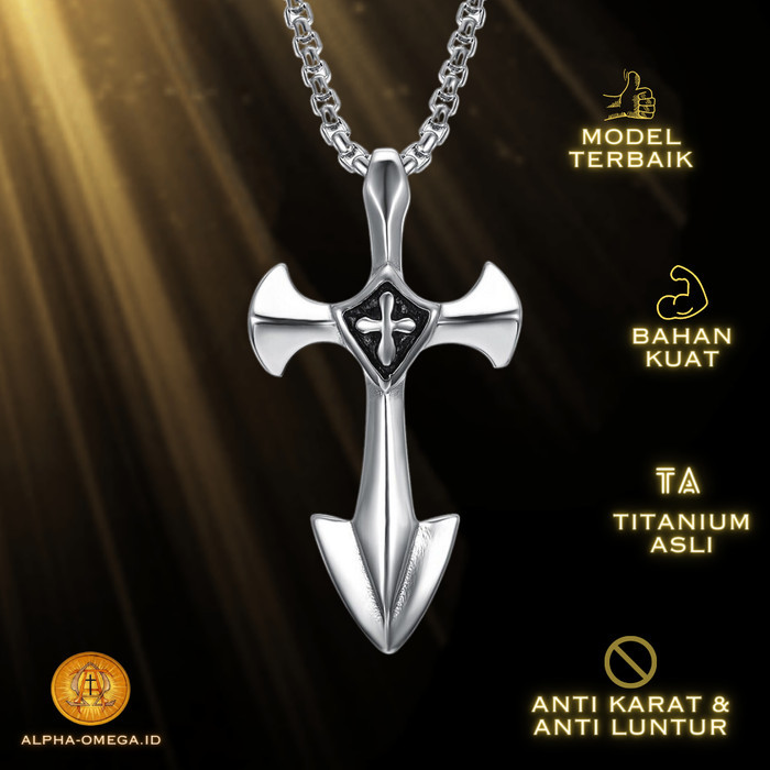 Azzatun - Kalung Salib Perisai - Kalung Salib Pria Titanium - Kalung Salib Keren