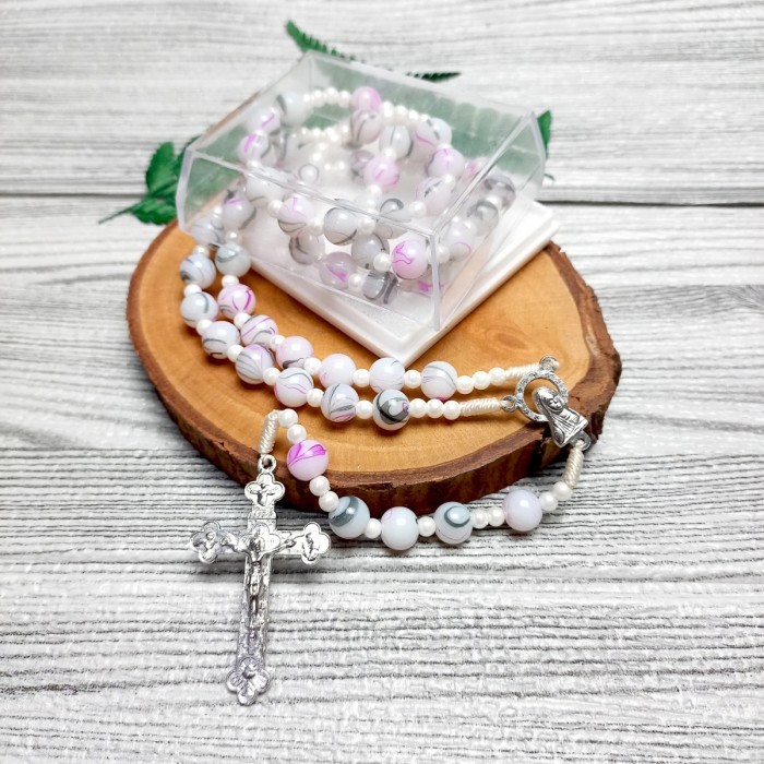 Azzatun - Rosario Mutiara Kaca Manik Motif/Kalung Rosario Katolik Asli/Aksesoris