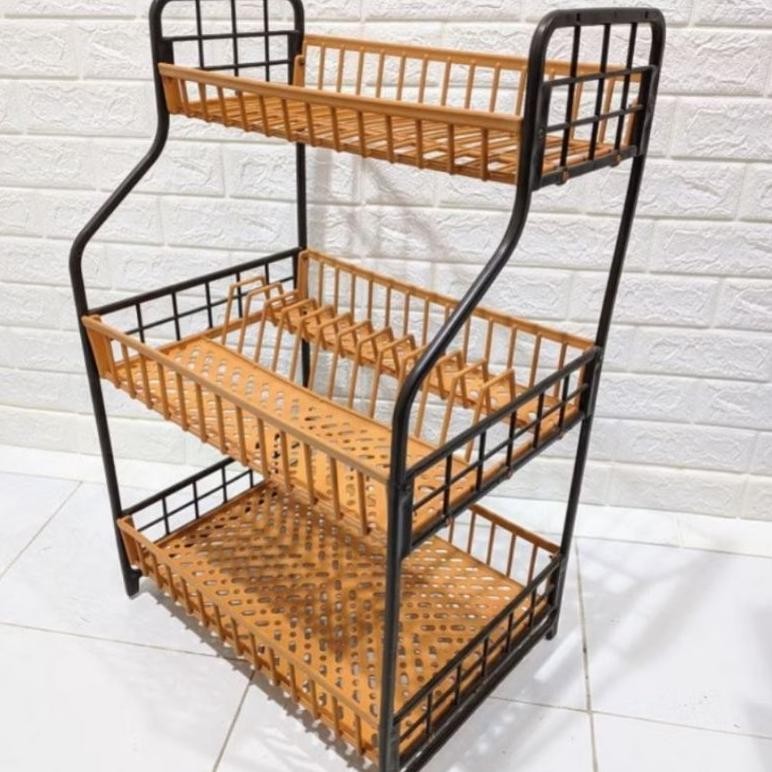 CAMELIA - Rak Piring Plastik susun 3 / Rak Piring Serbaguna Plastik - Coklat - Hitam, Susun 3