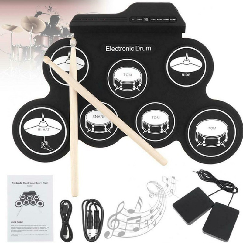 Cod Elektronik Portabel Digital Usb 7 Bantalan Roll Up Drum Set Silicone Electric Drum Pad Kit